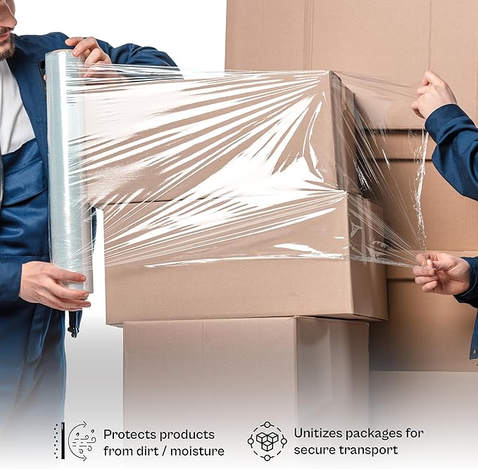 PSBM Stretch Wrap, 4 Pack, 17 Inch x 1476 Feet, 65 Gauge, Clear Plastic Cling, Cast Hand Stretch Film Rolls for Packaging Moving Packing Pallets