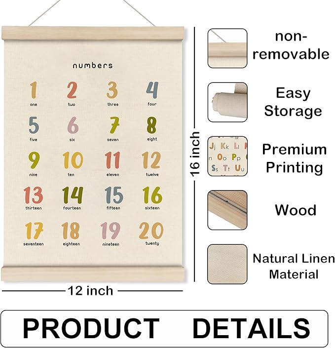 HRQKO Alphabet Numbers Poster Hanger Frame Set of 2, Nursery Wall Decor, Boho ABC Poster Wall Art with Wooden Frames, Cute Alphabet Banner Wall Hanging Decor for Toddlers Room Playroom, 12x16 Inch