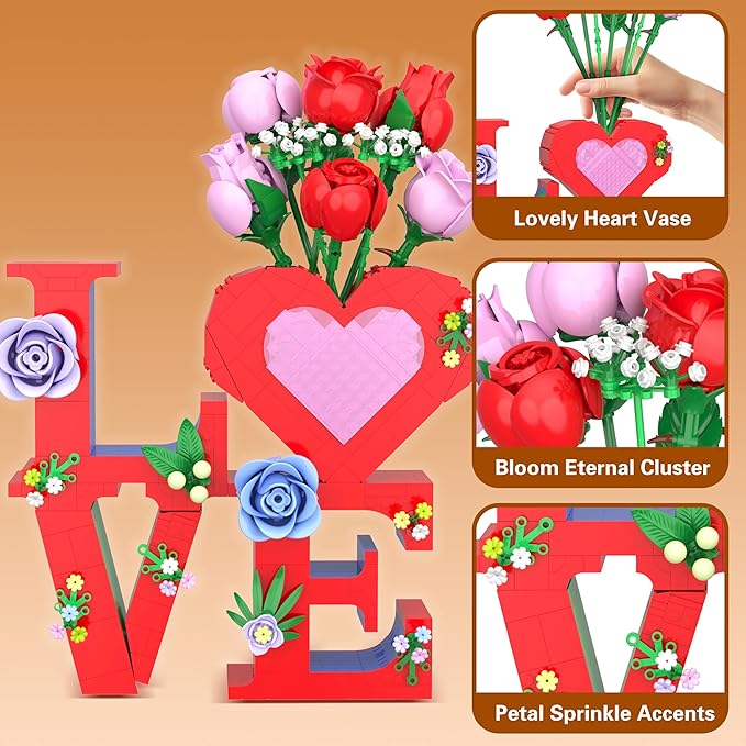 Romantic Love Heart Vase Building Set - 1216 Pcs Rose Flower Bouquet Building Kit for Adults - Creative Anniversaries Gifts for Women & Men, Unique Valentine’s Day Gifts for Her Him