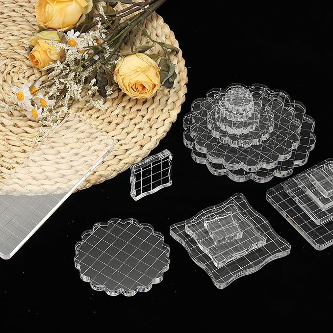 PATIKIL 1.4" Acrylic Stamp Block, 6Pcs Clear Stamping Block with Grid Lines Decorative Mounting Blocks Round for Scrapbooking DIY Crafts Card Making
