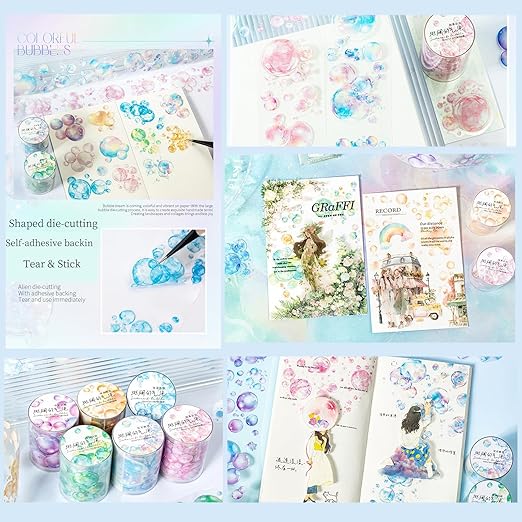 PET Tape Stickers for Journaling,6 Rolls Bubbles Tape for Scrapbooking,Journaling Supplies,Junk Journal,DIY Craft(Bubbles)