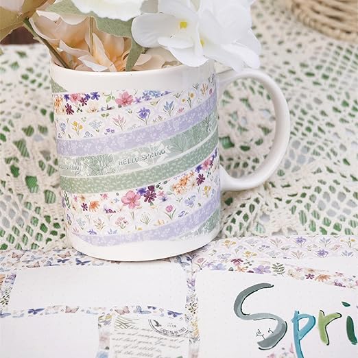 YUBX Spring Washi Tape Set 16 Rolls Flowers Printed Embellishment Green Decorative Masking Tapes for Arts, DIY Crafts, Journals, Planners, Scrapbook, Wrapping