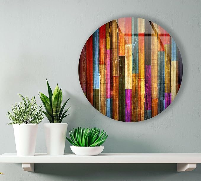 My Photostation.com 39,4''(100cm) Diameter Colorful Wood Pattern Round Glass Wall Art Tempered Glass Printing Wall Decor Large Wall Art Wall Hangings