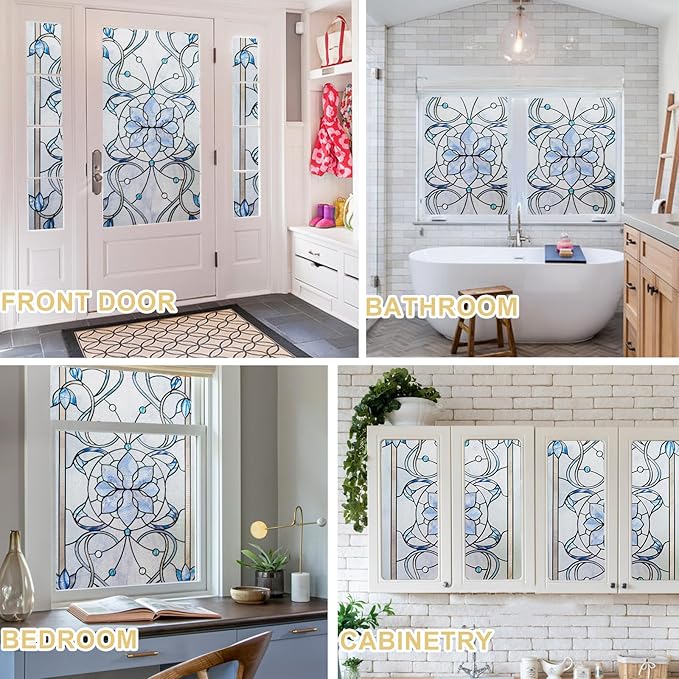 3D Stained Glass Window Privacy Film, Heat Control UV Blocking Static Cling Decorative Window Film for Bathroom,Front Door,Home Non Adhesive,35.4 x 78.7 inches Azure Bloom