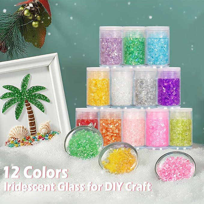 Matio 12 Colors Iridescent Crushed Glass, Irregular Chunky Glitter, Sprinkle Chips for Resin Epoxy Jewelry DIY, Shattered Glass Crystal Flakes Sequins for Nail Art Makeup Decoration Vase Filler