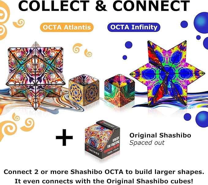 Shashibo OCTA Shape Shifting Sensory Fidget Toy – Magnetic STEM Brain Teaser Game Gift for Smart Kids 8-12, Teens and Adults with endless shape possibilities – Pairs All Shashibo Cubes (Atlantis)