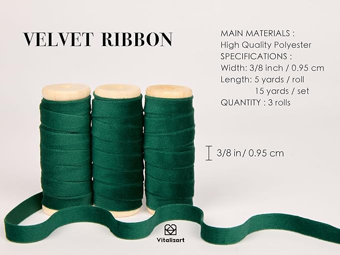 Vitalizart Green Velvet Ribbon Set 3/8" x 15 Yd Wooden Spool Fabric Trim 3 Rolls * 5 Yd for Christmas Wreath Decoration Handmade Craft Ornaments Gift Wrapping Bow Making Dark Forest Green