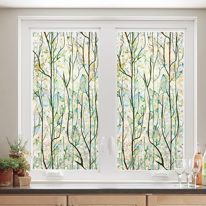 Finnez Window Privacy Film Window Film 3D No Glue Glass Sticker for Glass Door Home and Office Heat Control Anti UV (23.6 Inch x 6.5 Feet, Rainbow Grove)