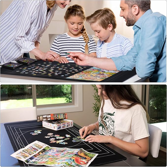 Puzzle Mat Roll Up with Drawstring Storage Bag, Portable Saver Pad 46” x 26” Up to 1500 Pieces with Non-Slip Rubber Bottom & Smooth Top + 4 Puzzle Sorting Trays & Travel-Friendly Storage Bag