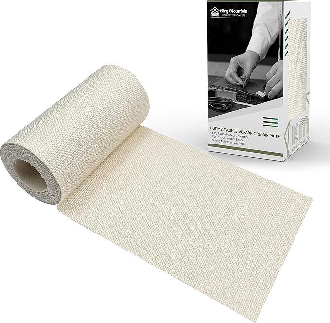 KING MOUNTAIN Linen Fabric Iron-on Repair Patch, Inside&Outside Fabric Repair Patch, 3"x60" with Backing Glue Linen Repair Decorative Patch kit (Off-White)