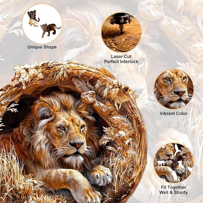 KAAYEE Wooden Puzzles for Adults, 3D Vision Effect Lion King Wooden Jigsaw Puzzles Flat 100 PCS Unique Shape Advanced Wood Puzzle Adult, Birthday Fathers Family Game (S-8.5 * 8.5 in)