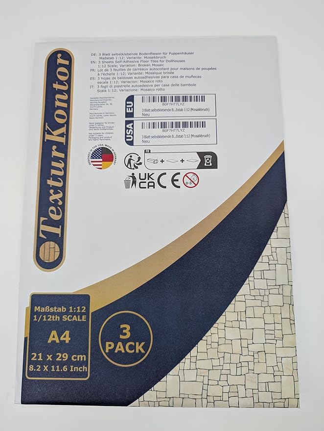 3 Sheets Self-Adhesive Decorative Film Paving Stones and Surfaces for Model Making in Scale 1:87 Scale H0 (UK: 3.5 mm Scale) (Broken Mosaik)