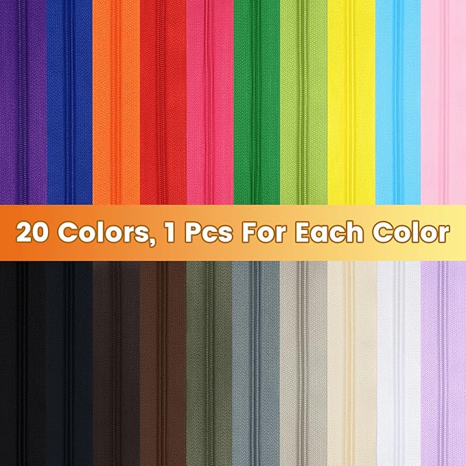 DOITEM 62 Yards 20 Pieces Sewing Zippers #3 Nylon Coil Zippers Assorted Zipper for Sewing with 80 Zipper Sliders for DIY Tailor Sewing Crafts Supplies, 20 Color