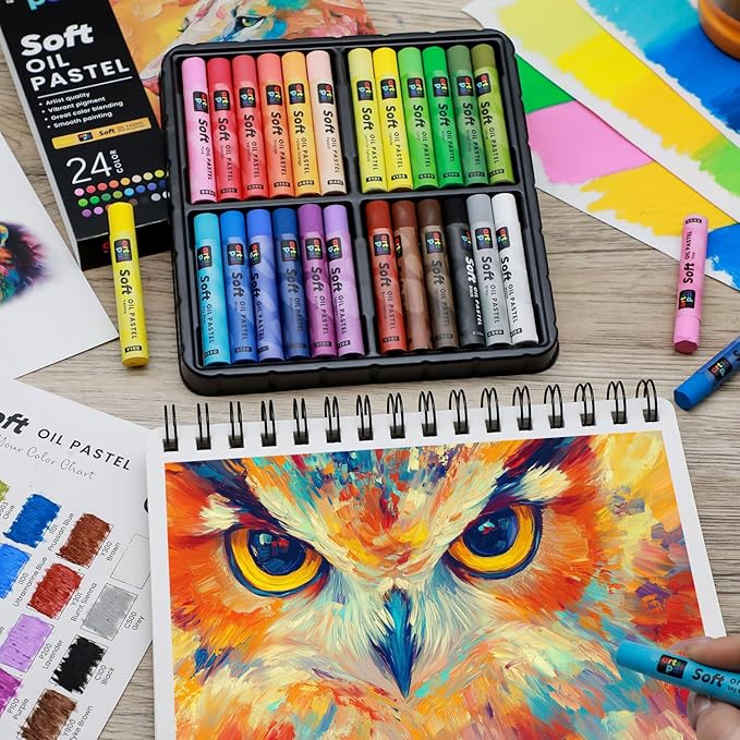 Soft Oil Pastels Set, 24 Vibrant Colors, Oil Pastel Crayons for Artists, Beginners, Teachers, Students, Great Blending and Layering for Art Supplies, Art Painting, Drawing (10 x 70 mm)