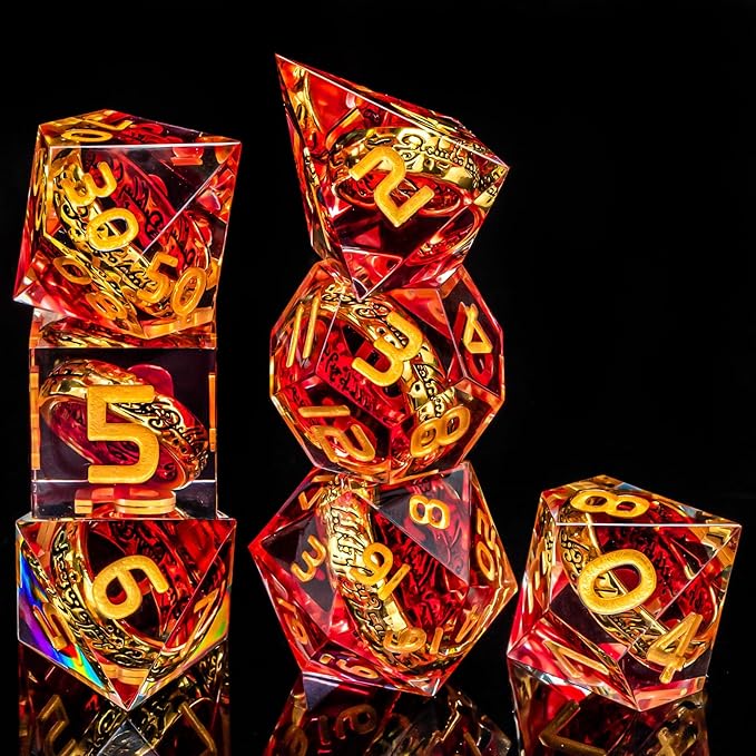 OUKELANWO Magic Lord Rings DND Dice Set with Box, 7Pcs Resin LOTR D&D Dice Set for Role Playing Game, Red Gold Dungeons Dragons D and D Sharp Edge Dice D20 D12 D10 D8 D6 D4