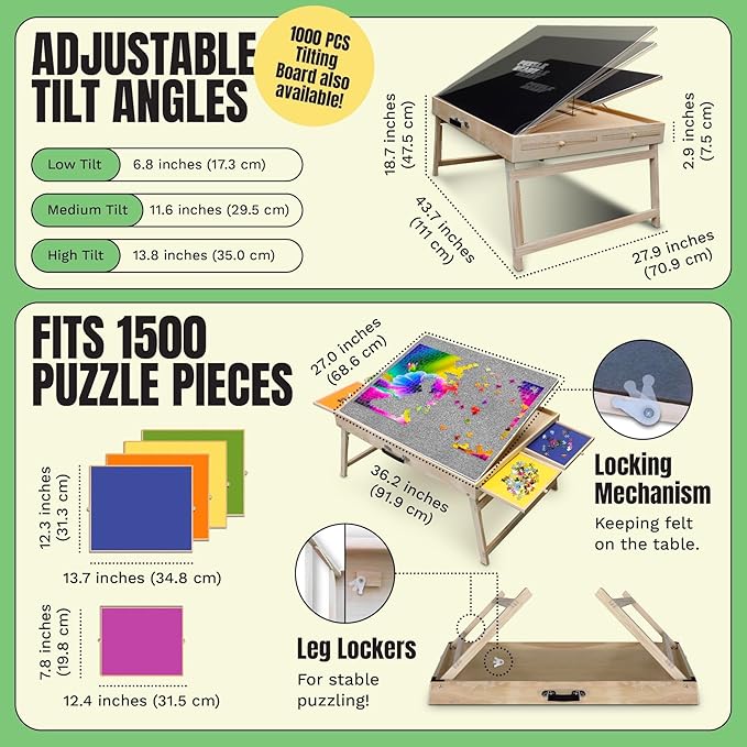 Puzzle Ready Puzzle Table with Drawers - 1500-Piece Wood, 27" x 36", Foldable & Portable - Jigsaw Puzzle Table & Organizer Design with 4 Color-Coded Trays, 3 Tilt Angles & Cover Mat