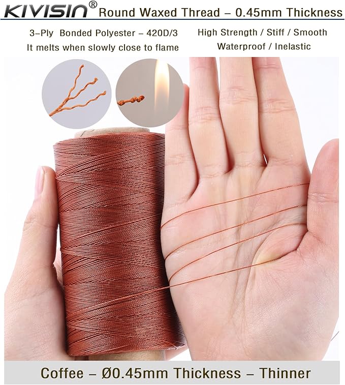 Thin Wax Polyester Thread, 0.45mm, 547 Yards, 3 Ply Round Waxed Cord Strings for Sewing, Beading, Binding, Micro Braiding, Fine Leather Craft and Micro Macrame Jewelry - Copper Color