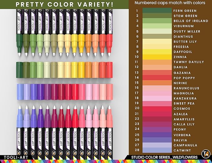 28 Wildflower Colors Acrylic Paint Pens Studio Color Series Markers Set 0.7mm Extra Fine Tip, Rock Painting, Glass, Mugs, Wood, Metal, Canvas, DIY, Detailing. Non Toxic, Waterbased, Quick Drying