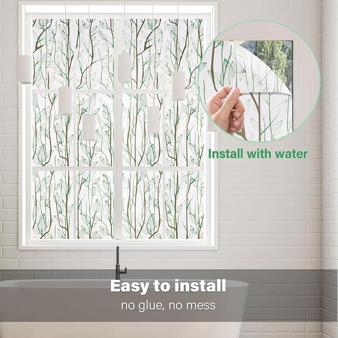 Donox Frosted Glass Window Film Heat Control UV Blocking, Static Cling Reusable Home Bathroom Door Window Privacy Film, Green Leaf Pattern Window Covering with Installation Tool, 35.4 in x 6.5 feet