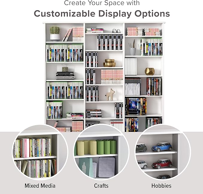 Prepac 3 Column 51" Tall White Display Multimedia Cabinet, Wood Media Storage with Removable Sheves, Modern Multimedia Storage Unit with 21 Adjustable Shelves for Books, DVDs and Collectibles, White