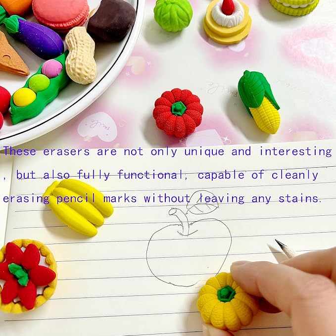 46PCS Mini Cute Fun 3D Erasers for Kids Bulk,Back to School Party Gifts (Food&3D, Little)