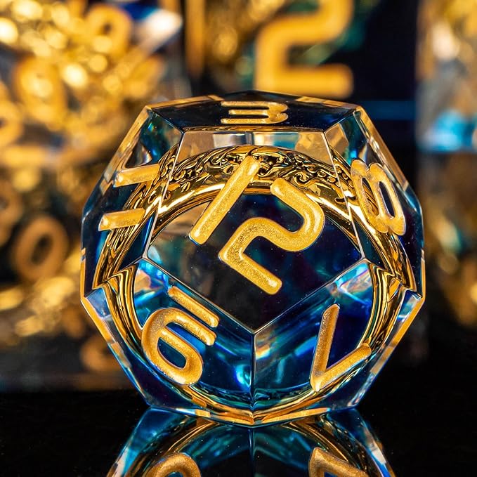 OUKELANWO Magic Lord Rings DND Dice Set with Box, 7Pcs Resin LOTR D&D Dice Set for Role Playing Game, Blue Gold Dungeons Dragons D and D Sharp Edge Dice D20 D12 D10 D8 D6 D4