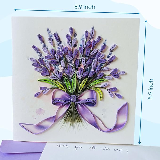 Quilling Cards, handmade card, quilled cards with Dedicated Paper Handmade Art for all occasions: Mother's day, Father's day, Birthday... Lavender flowers bouquet