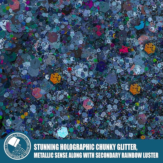 Laser Black Chunky & Fine Iridescent Glitter Mix, 160G/5.64OZ - Cosmetic Glitter for Nail, Hair, Makeup, Body & Tumbler - Bulk