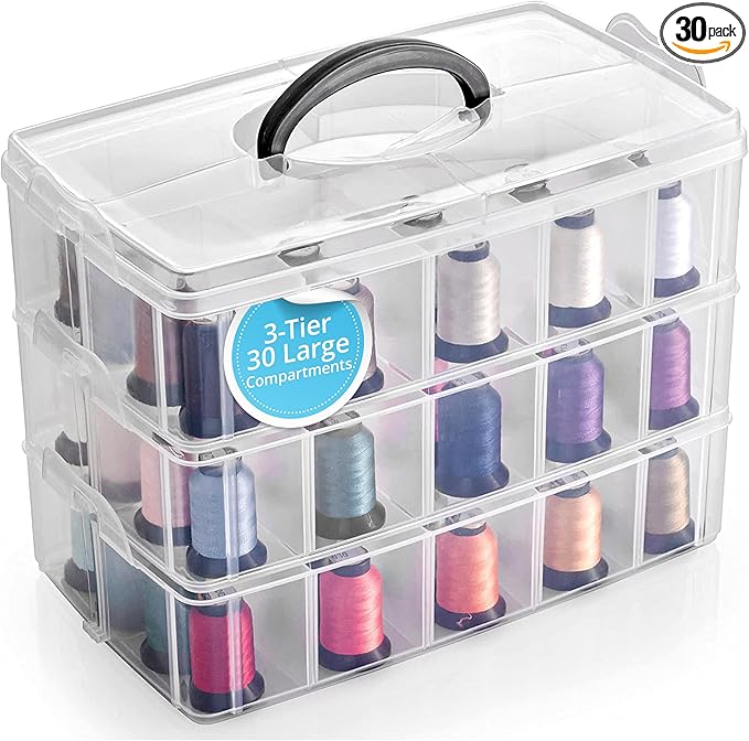 Bins & Things 3-Tier Stackable Storage Container - 30 Adjustable Slots Thread and Bead Organizer - Craft Box for Spools, Bobbins, Jewelry, Sewing, Art Supplies - Large, Clear
