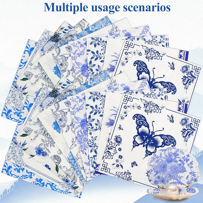 40 Pack 10 Styles Decoupage Paper Napkins, Assorted Blue and White Floral Decorative Decoupage Cocktail Napkins for Birthday Tea Party Wedding Dinner Kitchen Bathroom