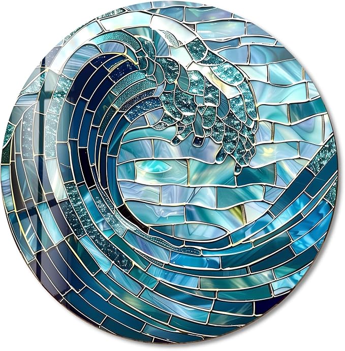 My Photostation.com 20''(50cm) Diameter Ocean Wave in Blue Mosaic Round Glass Wall Art Tempered Glass Printing Wall Decor Large Wall Art Wall Hangings