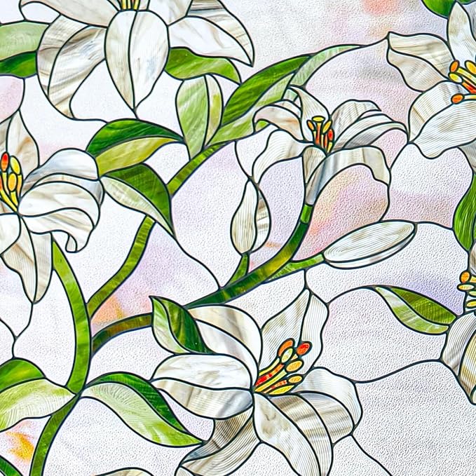 3D Stained Glass Window Film, Decorative Window Privacy Film for Bathroom, Front Door, Home, Sun Blocking Heat Control, Static Cling,White Lily 35.4inch x 78.7inch