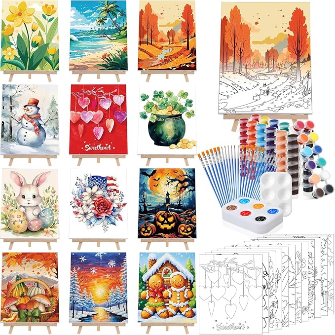 Zhanmai 12 Pack Pre Drawn Canvas for Painting Sip and Paint Kit 8" x 10" Paint Party Set Canvas Painting Pre Printed Canvases for Party Favor DIY Virtual Adult's Date Night (Classic Style)