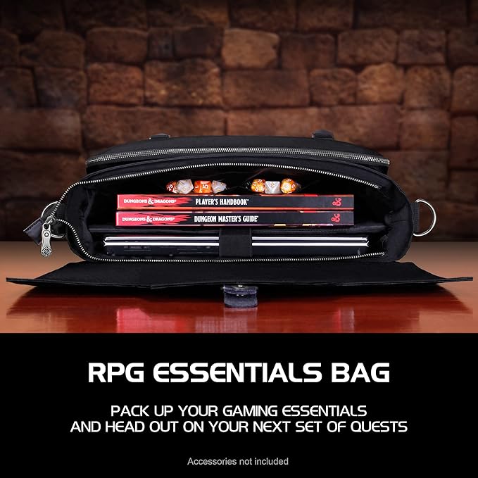 ENHANCE Collector's Edition RPG Player's Essentials DnD Bag - Dragon Hide Exterior Messenger Bag Fits 2-4 Books, Binders, Dice & Accessories, with 17 inch Laptop Slot, Battlemap Straps (Dragon Black)