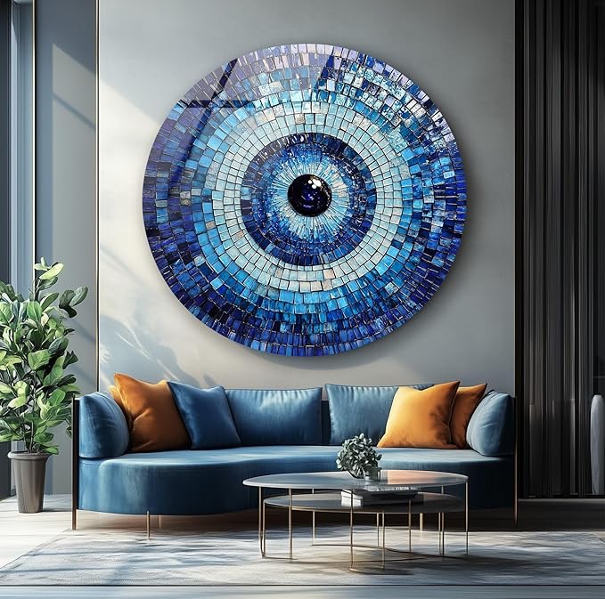 My Photostation.com 20''(50cm) Diameter Blue Mosaic Evil Eye Round Glass Wall Art Tempered Glass Printing Wall Decor Large Wall Art Wall Hangings