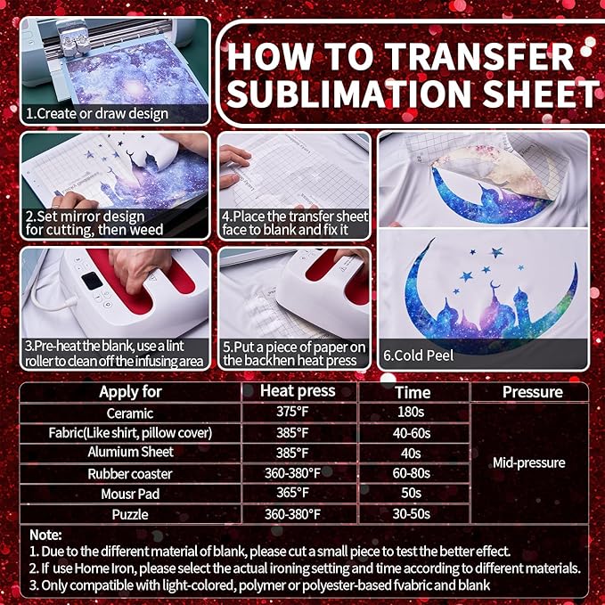 Red Sublimation Transfer Sheets for Heat Press Machine, 12x12inch Glitter Sublimation Paper for Tumblers Blanks Tshirts,8 Sheets
