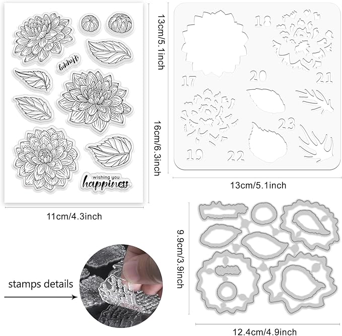 ORIGACH Dahlia Layering Stencil Stamp and Die Set for Card Making, Flower Stencil Template Silicone Clear Stamps and Metal Die Sets for DIY Scrapbooking Photo Album Crafting