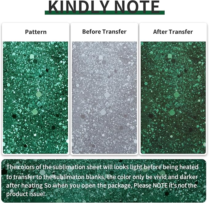 Green Glitter Sublimation Transfer Sheets for Heat Press Machine,12x12 Inch Sublimation Transfer Paper for Heat Press Machine, 8 Sheets