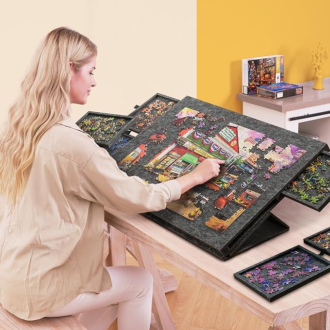 Lavievert Tilting Puzzle Board with 2-in-1 Designed Stand & Cover, Super Lightweight Felt Plateau Storage with 6 Drawers for Adults, Portable Jigsaw Puzzle Table for Up to 1000 Pieces – Gray