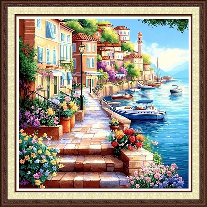 Findvoor Counted Cross Stitch Kits for Adults Full Range of Cross Stitching Embroidery Unprinted Pattern for Beginners, 11CT Needlepoint Kit Patterns Embroidery Kits-Seaside Scenery 18x18 inch