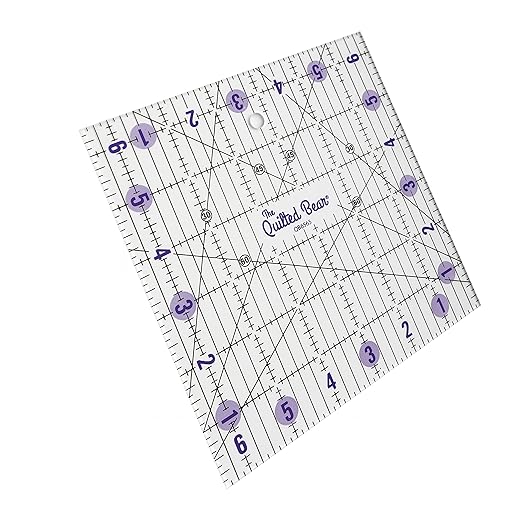 The Quilted Bear Quilting Rulers - Transparent Acrylic Non Slip Quilting, Patchwork & Sewing Ruler with Clear Black Lines & 30, 45 & 60 Degree Angles for Perfect Accuracy & Precision (6.5" x 6.5")