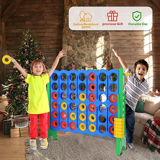 Jumbo 4 in a Row Game Set,4FT Giant Game Set with Carry Bag&44 Pieces Rings&Cup Holder,Indoor/Outdoor Yard Game for Kids & Adults-Fun Family&Party Game-Boosts Brain Power (Blue&Green)