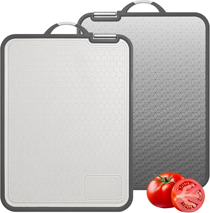 Cutting Board Double Sided,2 Pcs Vegetable Board With Sharpening Stone,Large Size+Small Size,Food Grade Stainless steel and Wheat straw PP Material,Eco-Friendly (11.8x15.6)