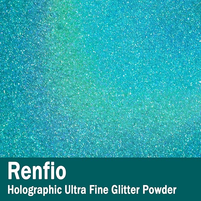 Renfio Holographic Ultra Fine Glitter Powder Metallic Resin Glitter 2.11 Oz (60g) PET Flakes Crafts Sequins 1/128" 0.008" 0.2mm Epoxy Chips Flakes for Tumblers Roses Slime - Laser Light Teal Blue