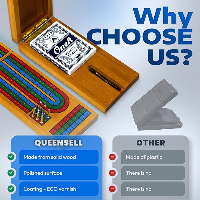 Cribbage Board Game Set with Storage - Classic Game Travel Cribbage Board with Wooden Card Storage for Adults & Kids - Ideal for Game Night