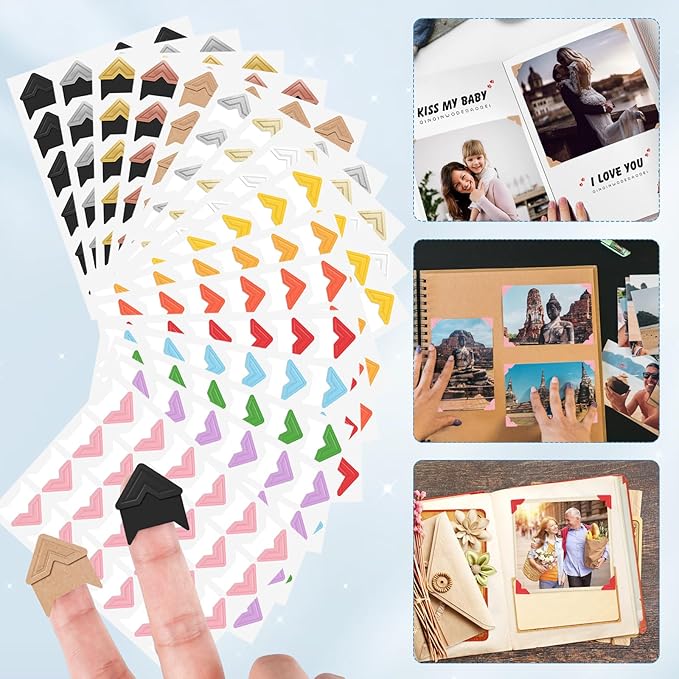 GOONAVI 10 Sheets 240 PCS Shiny Silver Acid-Free Photo Corners Notebook, Self-Adhesive Photo Corners for DIY Photo Album Journal, Photo Corner Stickers for Trip Journal Memory Book
