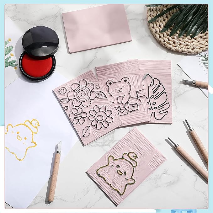 Frienda 50 Pack Rubber Carving Blocks 4 x 6 Inch, Rubber Stamp Carving Blocks for Printmaking, Printing, DIY Craft Project, Soft Block Stamp for Beginners and Professional(Pink)