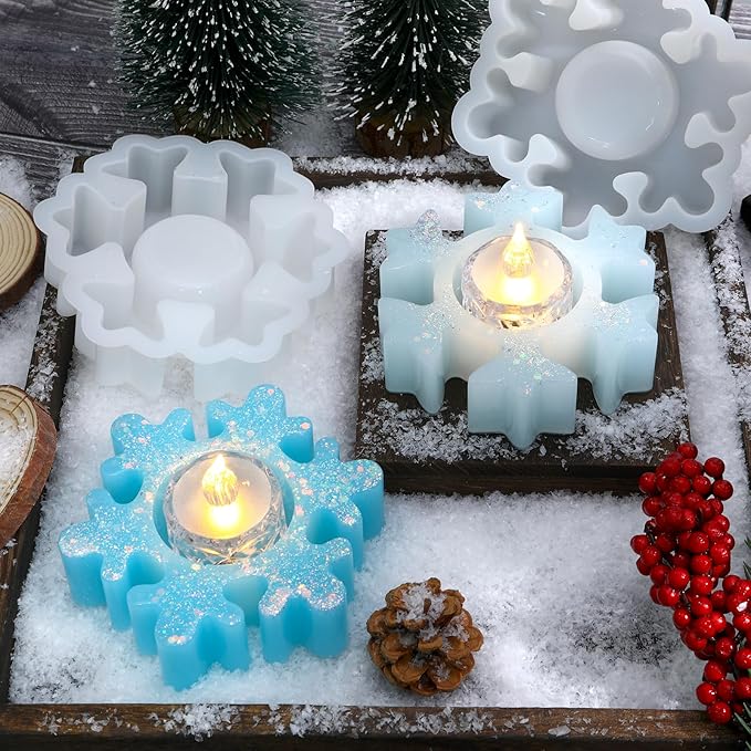 2PCS Christmas Resin Molds Snowflake Silicone Resin Mold for Tea Lights Epoxy Resin Mold for Home Table Decorations Xmas Decor