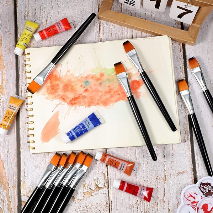 Zonon 10 Pcs 3/4 Inch Flat Paint Brushes Acrylic Painting Craft Accessories Small Watercolor Paint Brushes Bulk for Adult Artist Detail Oil Canvas Face(8.1 x 0.9 x 3/4 Inch,Black)