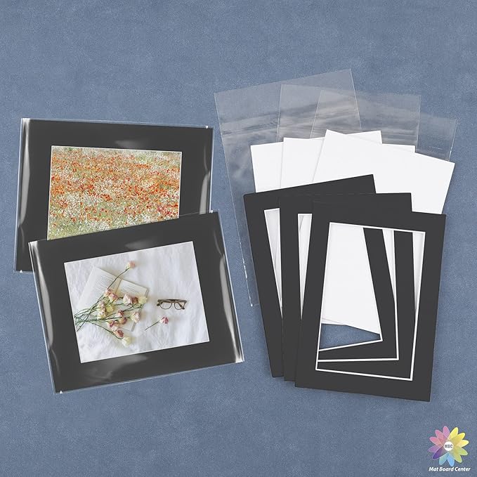 Mat Board Center, Pack of 25, 16x20 for 11x14 Black Picture Mat Sets - Acid Free, 4-ply Thickness, Bevel Pre-Cut White Core - Includes Backing Boards and Clear Bags - for Pictures, Photos, Framing